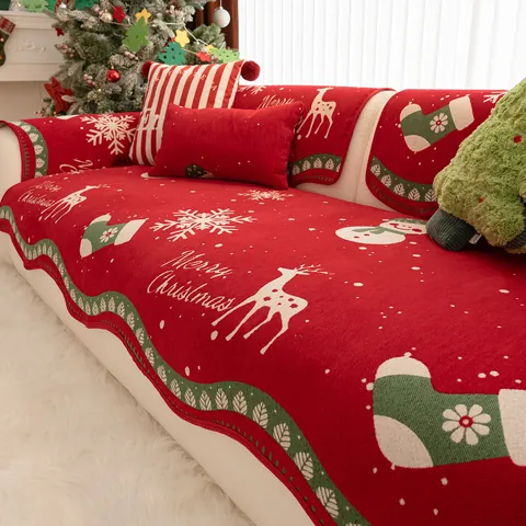 Cuscino per Divano in Ciniglia di Natale Rosso Antiscivolo Motivo Renna Fiocco di Neve Copridivano a Maglia per Decorazione