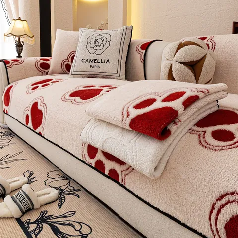 Thickened Premium Fleece Sofa Cushion Non Slip Cartoon Dog Paw Pattern Protector For Living Room Modern Home Decor