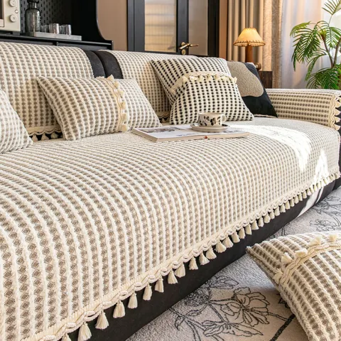 Moderno Copridivano Ispessito in Ciniglia Velluto di Latte a Righe Plaid Con Frange e Nappe per Decorazione Soggiorno Casa