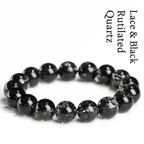 Natural Black Rutilated Quartz Round Bead Bracelet Lace Pattern Healing Gemstone Elastic Bracelet For Men Women Jewelry Gift