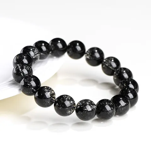 Natural Black Rutilated Quartz Round Bead Bracelet Lace Pattern Healing Gemstone Elastic Bracelet For Men Women Jewelry Gift