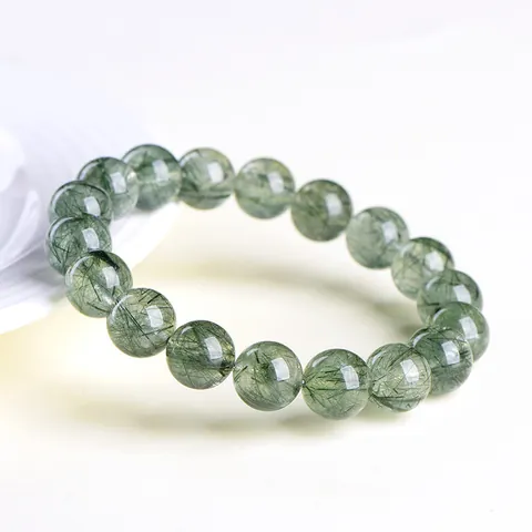 Natural Green Rutilated Quartz Round Bead Bracelet For Men Women Clear Crystal Stretch Healing Energy Jewelry Gift