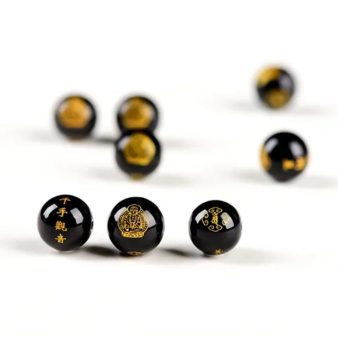 Perle Sfuse in Agata Con Figure di Guardiani Buddisti Stampate in Oro Pietra Tonda Lucida Per Bracciale Fai da Te Collana Gioielli Religiosi