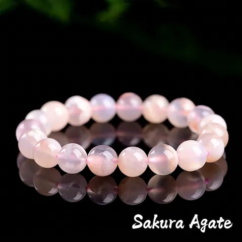 Braccialetto di Perline Tonde in Agata Fiore di Ciliegio Naturale Rosa Pietra Traslucida Bracciale Elastico Donna Gioielli Meditazione