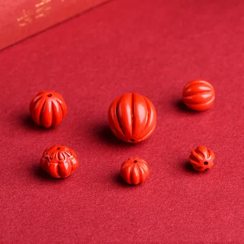 Perline Sciolte Intagliate a Forma di Zucca in Cinabro Rosso per Accessori per la Creazione di Gioielli Fai da Te Stile Cinese Tradizionale Lucidato con Motivo Floreale