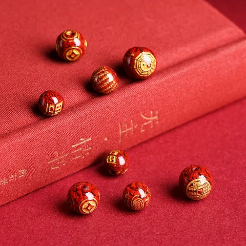 Perle Sfuse in Cinabro Incise in Oro Con Carattere Fu Otto Trigrammi Antica Moneta Perle Tonde per Gioielli Fai da Te Bracciale Collana Accessori