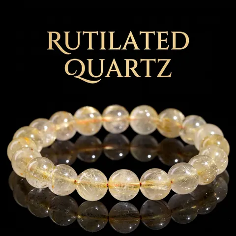 Natural Golden Rutilated Quartz Round Bead Bracelet For Men Women Healing Crystal Jewelry High Clarity Hair Quartz Gemstone Stretch Bracelet Gift