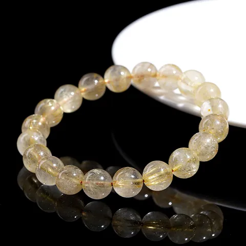 Natural Golden Rutilated Quartz Round Bead Bracelet For Men Women Healing Crystal Jewelry High Clarity Hair Quartz Gemstone Stretch Bracelet Gift