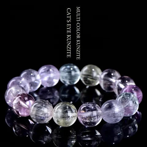Bracciale in Kunzite Naturale Colorata Spodumene per Donna Uomo Grado 7A Effetto Occhio di Gatto Perlina Rotonda Gioielli