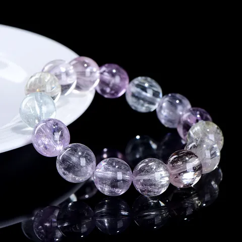 Bracciale in Kunzite Naturale Colorata Spodumene per Donna Uomo Grado 7A Effetto Occhio di Gatto Perlina Rotonda Gioielli