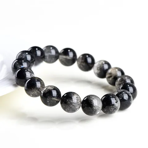 Natural Black Rutilated Quartz Bracelet For Men Women Cornucopia Pattern Round Bead Healing Energy Stone Stretch Bracelet Jewelry