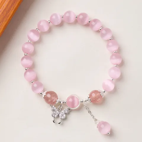 Bracelet Perlé Femme Oeil de Chat Zircon Papillon Quartz Fraise Pierre de Lune Argenté Bijoux Ethniques