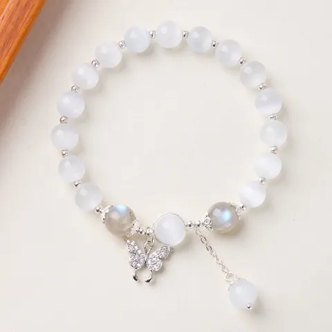 Bracelet Perlé Femme Oeil de Chat Zircon Papillon Quartz Fraise Pierre de Lune Argenté Bijoux Ethniques