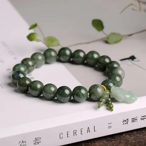 Natural Green Jadeite Jade Beaded Bracelet With Carved Pixiu Charm Lucky Amulet Vintage Chinese Style Handmade Jewelry For Men Women