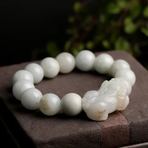 Natural Jadeite Jade PiXiu Bracelet Handcrafted Round Beads Ethnic Vintage Style Fortune Jewelry For Men Women Gift