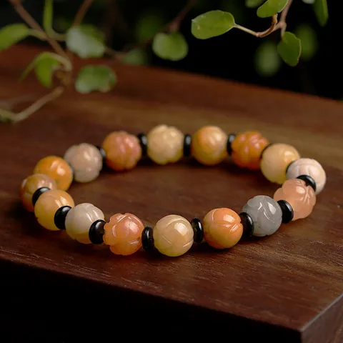 Natural Xinjiang Gold Silk Jade Bracelet For Women Hand Carved Lotus Pumpkin Beaded Bracelet Retro Zen Stone Jewelry