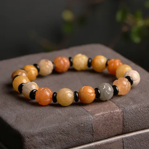Natural Xinjiang Gold Silk Jade Bracelet For Women Hand Carved Lotus Pumpkin Beaded Bracelet Retro Zen Stone Jewelry