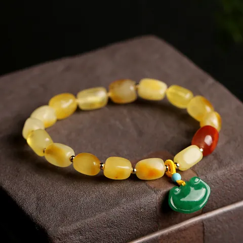 Natural Beeswax Green Jade Southern Red Agate Turquoise Beaded Bracelet Chinese Style Ruyi Peace Lock Pendant 14k Gold Filled Women Jewelry