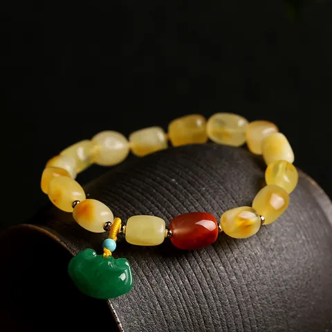 Natural Beeswax Green Jade Southern Red Agate Turquoise Beaded Bracelet Chinese Style Ruyi Peace Lock Pendant 14k Gold Filled Women Jewelry