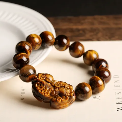 Natural Yellow Tiger Eye Stone Pixiu Bracelet Hand-Carved Mythical Beast Healing Gemstone Beads Unisex Lucky Jewelry Gift
