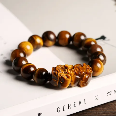 Natural Yellow Tiger Eye Stone Pixiu Bracelet Hand-Carved Mythical Beast Healing Gemstone Beads Unisex Lucky Jewelry Gift