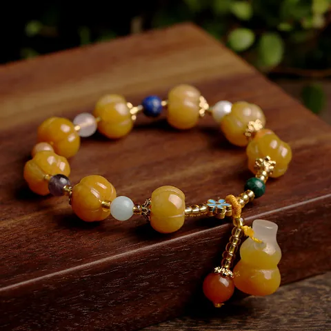 Natural Gold Silk Jade Beaded Bracelet With Pumpkin Gourd Pixiu Charm Chinese Vintage Amethyst Malachite Lapis Lazuli Jewelry For Women