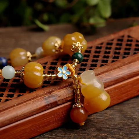 Natural Gold Silk Jade Beaded Bracelet With Pumpkin Gourd Pixiu Charm Chinese Vintage Amethyst Malachite Lapis Lazuli Jewelry For Women