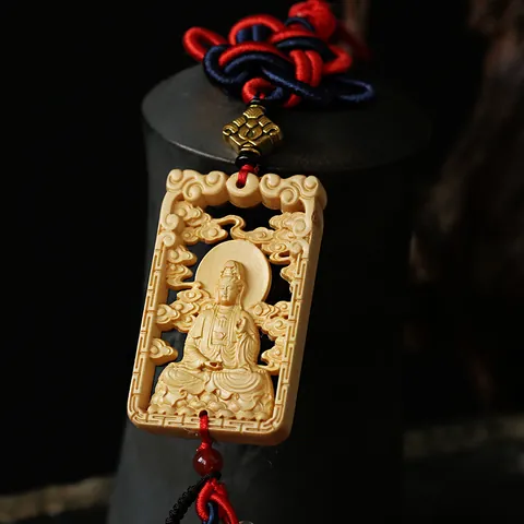 Hand Carved Boxwood Guanyin Car Hanging Ornament With Traditional Chinese Knot And Colorful Tassel Wood Buddha Plaque Pendant