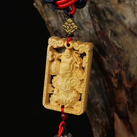 Hand Carved Boxwood Guanyin Car Hanging Ornament With Traditional Chinese Knot And Colorful Tassel Wood Buddha Plaque Pendant