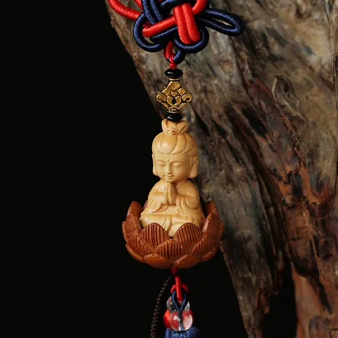Hand Carved Boxwood Avalokitesvara Little Monk Lotus Car Hanging Decoration With Chinese Knot Tassel Vintage Wooden Home Charm Pendant