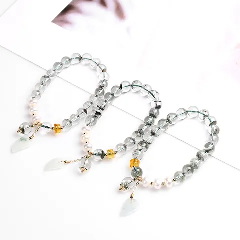 Natürliches Grün Phantomquarz Perlenarmband Mit Jadeit Blatt Anhänger Süßwasserperle Bernstein Gold Gefüllt Schmuck Für Damen