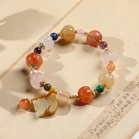 Natural Golden Silk Jade Pumpkin Beaded Bracelet For Women With Pixiu Gourd Pendant Amethyst Malachite Lapis Lazuli Ethnic Style Jewelry