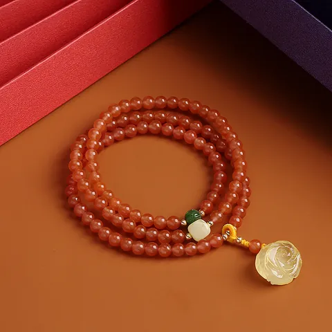 Natural Nanhong Agate Beaded Bracelet 14K Gold Filled Beeswax Rose Pendant Vintage Chinese Style Wrap Bracelet For Women