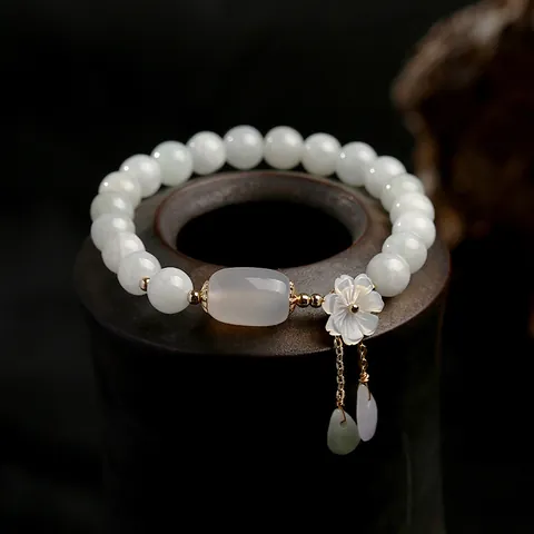 Natürliches A-Klasse Jadeit Armband 14K Goldgefüllt Muschelblume Apfelachat Wassertropfen Perlen Damen Ethno Schmuck