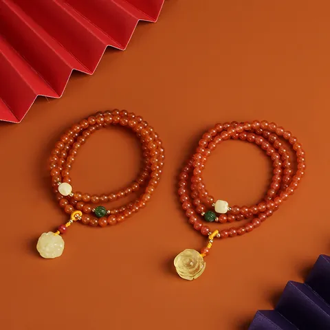 Natural Nanhong Agate Beaded Bracelet 14K Gold Filled Beeswax Rose Pendant Vintage Chinese Style Wrap Bracelet For Women