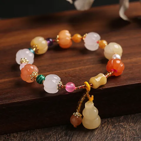 Chinese Ethnic Vintage Golden Silk Jade Beaded Bracelet For Women Men Multi-color Pumpkin Gourd Pixiu Pendant Natural Stone Lucky Jewelry Gift