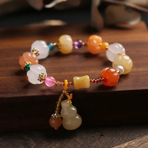 Chinese Ethnic Vintage Golden Silk Jade Beaded Bracelet For Women Men Multi-color Pumpkin Gourd Pixiu Pendant Natural Stone Lucky Jewelry Gift