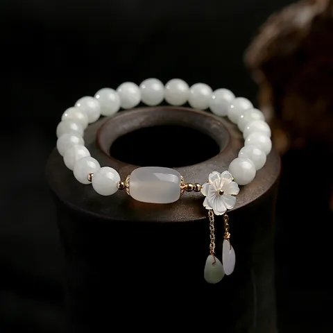 Natural A-Grade Jadeite Bracelet 14K Gold Filled Shell Flower Apple Agate Waterdrop Beads Women Ethnic Vintage Jewelry