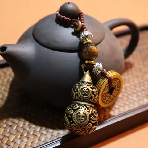 Brass Gourd Keychain With Tiger Eye Stone And Ancient Coins For Car Hanging Good Luck Pendant Ethnic Style Handmade Gift