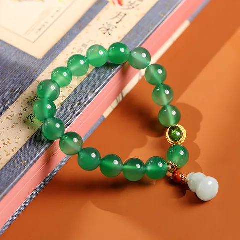 Natural Green Yellow Agate Beaded Bracelet With Jadeite Gourd Pendant South Red Agate 14K Gold Filled Ethnic Vintage Jewelry For Women