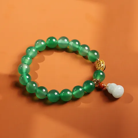 Natural Green Yellow Agate Beaded Bracelet With Jadeite Gourd Pendant South Red Agate 14K Gold Filled Ethnic Vintage Jewelry For Women