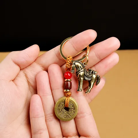 Vintage Messing Paard Sleutelhanger Geluksmunt Hanger Traditioneel Chinees Feng Shui Auto Sleutelring Succes Gelukscadeau