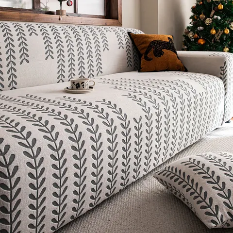 Funda de Sofá Elástica Terciopelo Jacquard Patrón Hoja de Trigo Antipolvo Funda de Sofá Para Sala de Estar Decoración Hogar