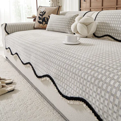 Chenille Grid Sofa Cushion Cover Scalloped Edge Modern Plaid Sofa Towel Non Slip Furniture Protector For Living Room Home