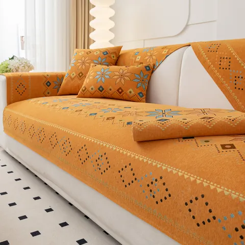 Funda de Cojín de Sofá de Chenilla Jacquard Bohemia Patrón de Copo de Nieve Geométrico Étnico Toalla de Sofá Antideslizante para Sala de Estar Protector de Muebles de Alta Densidad