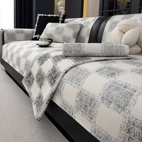 Modern Checkerboard Sofa Cushion Polyester Imitation Linen Anti-Slip Sofa Cover For Four Seasons Home Living Room Decoration