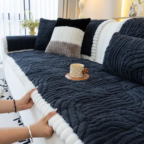 Cuscino per Divano in Vello di Sherpa Jacquard Spesso Antiscivolo Motivo a Onde 3D Protezione per Mobili Invernali per Divano