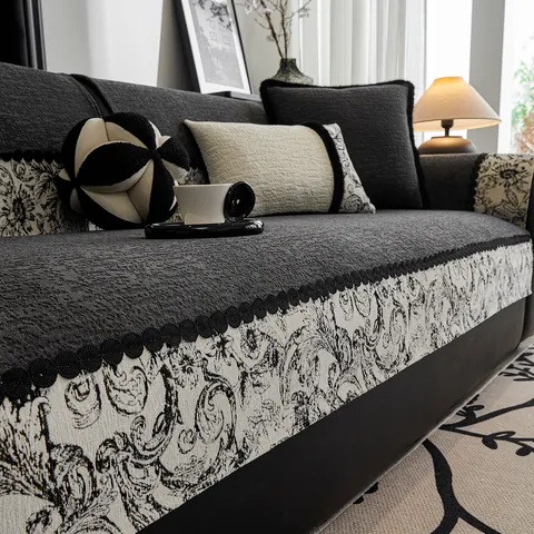 Copridivano Vintage in Ciniglia Bordo Floreale Jacquard Protezione Mobili Antiscivolo Nappine Pom Pon Cuscino Divano