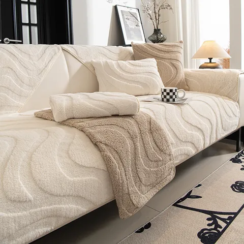 Non-Slip Thickened Fleece Sofa Cushion Cover With 3D Wave Texture Warm Soft Quilted Sofa Towel For Living Room Sectional Sofa Protector