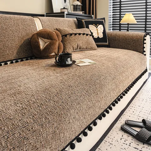 Modern Chenille Sofa Kussenhoes Antislip Verdikte Meubelbeschermer Met Balletjes Franje Voor Woonkamer Interieur